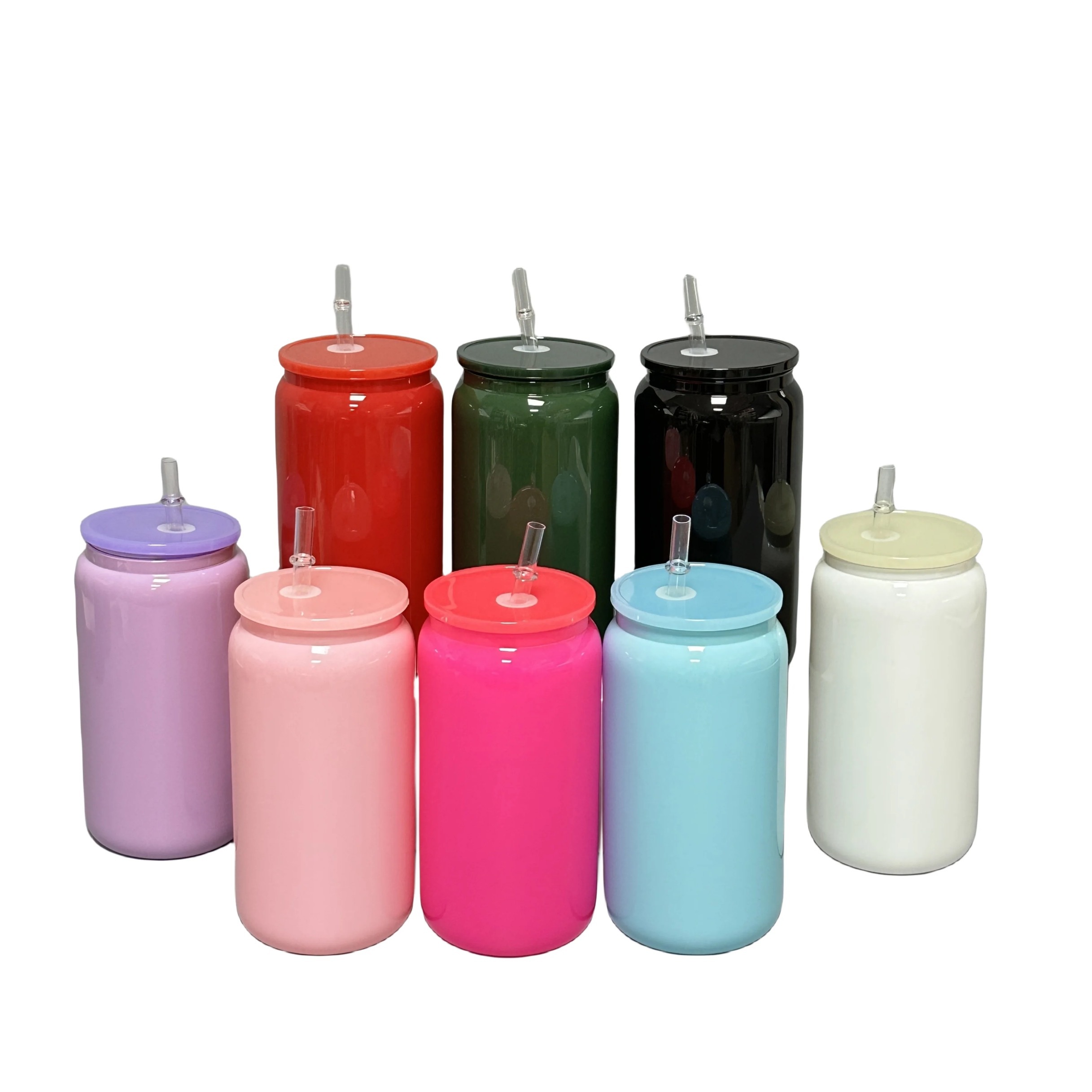 KOCDAM 50 Pack 16oz Sublimation 8 Colored Glass Can Blanks With Plastic Lids And Plastic Straw