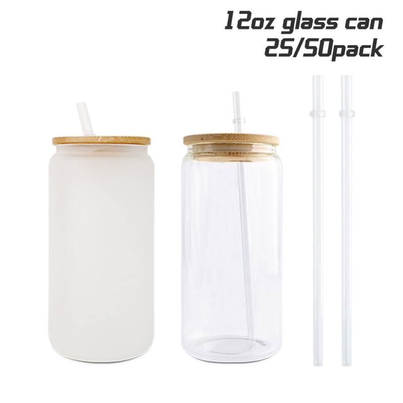 25/50 Pack 12oz Sublimation Frosted Clear Glass Jar with Bamboo Lids and  Plastic Straw