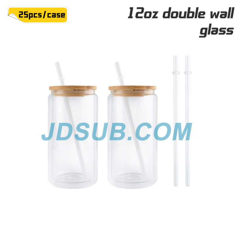 12oz Double Walled Glass Tumbler Blank Can Sublimation Bamboo Lid and Straw