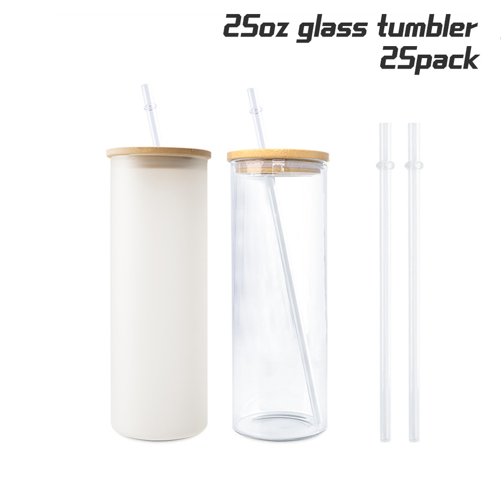 15oz Clear/Frosted Sublimation Glass Tumbler with Handle & Bamboo Lid