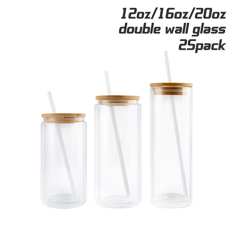 12oz Double Walled Glass Tumbler Blank Can Sublimation Bamboo Lid