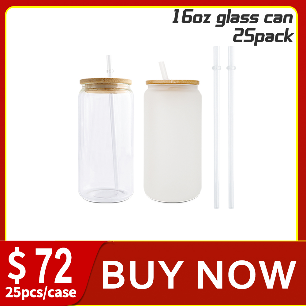 RTS 16oz Sublimation Ready Glass Can tumblers with bamboo lid and plas