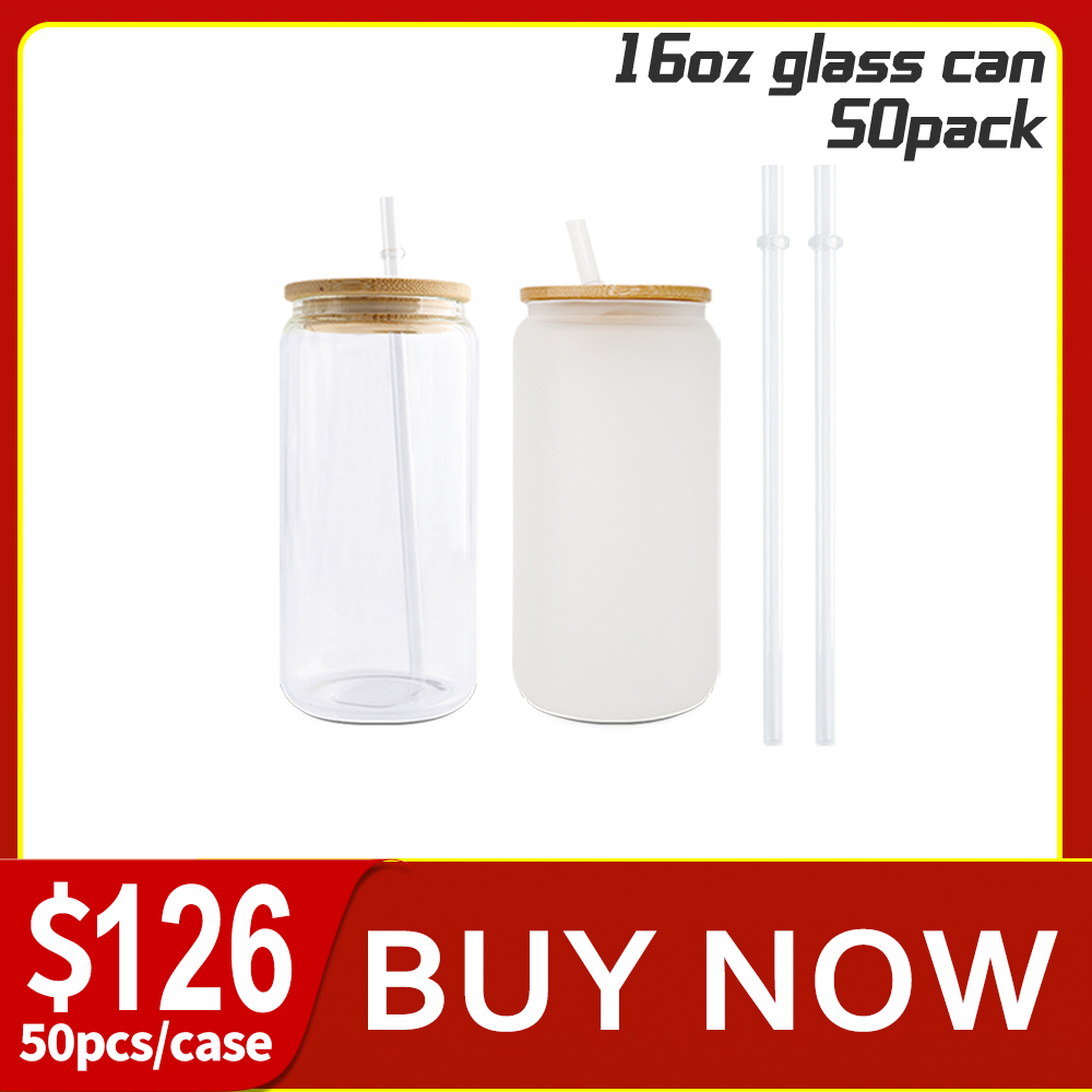 16oz Case (16/32/50 UNnits) Sublimation Glass Tumbler Cups Beer Can  W/Bamboo Lids Transparent/Frosted