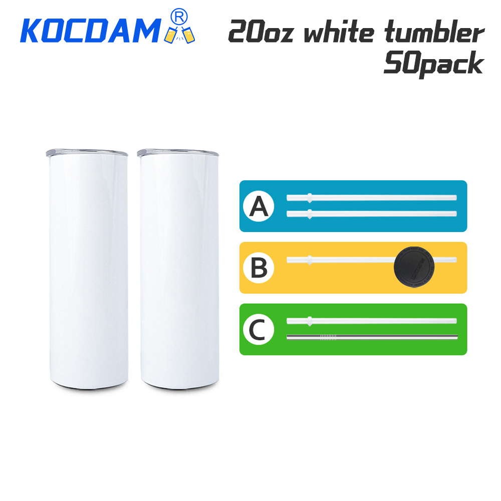 KOCDAM Marketing 50Pack 20oz White Sublimation Straight Skinny Tumbler Blanks with Plastic Strwas