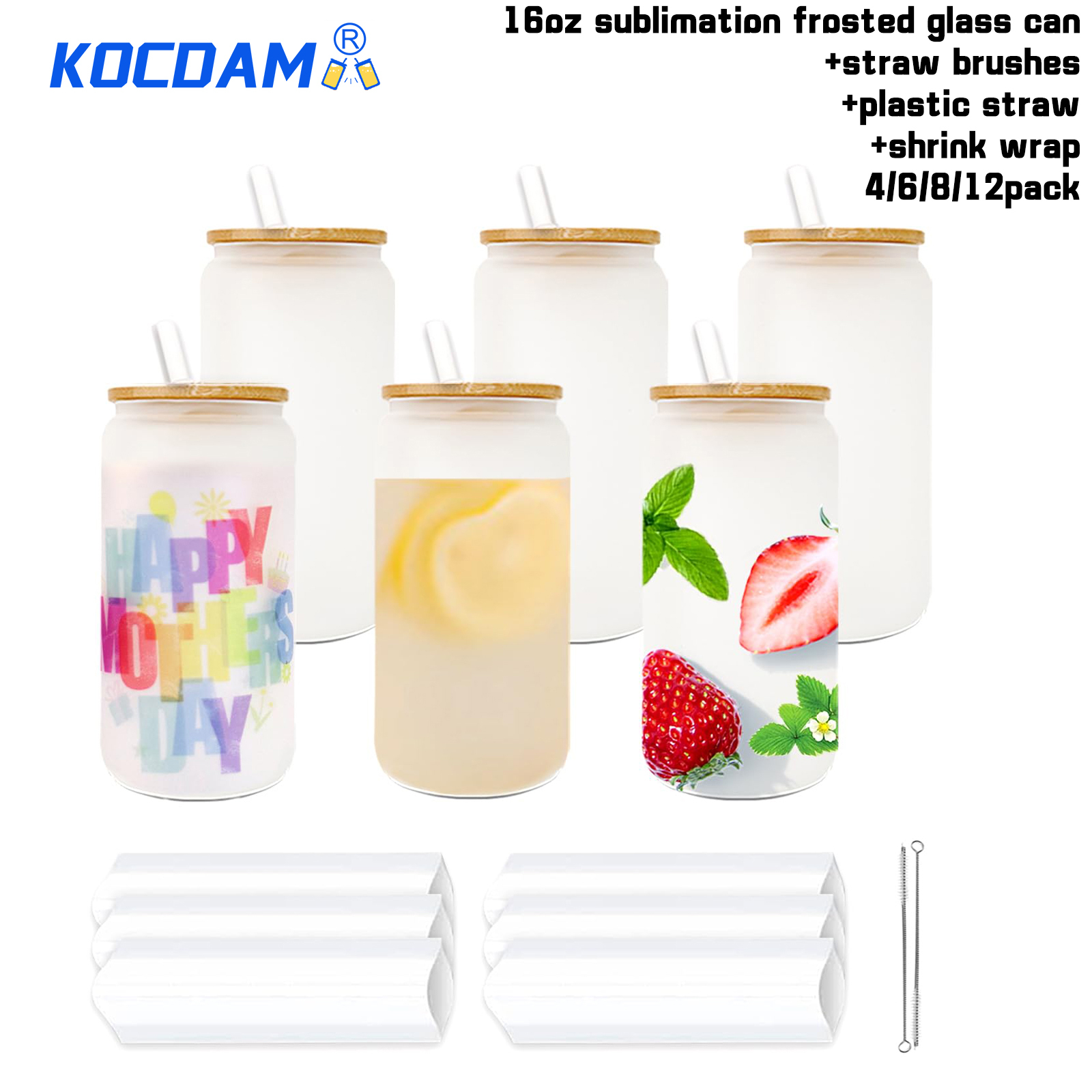KOCDAM 4/6/8/12 Pack 16oz Sublimation Frosted Glass Jar with Bamboo Lids ,Plastic Straw,Straw brush and Shrink Wrap