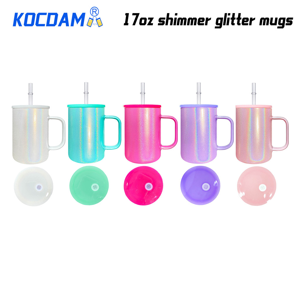 KOCDAM 25Pack 17oz Shimmer Glitter Sublimation Glass Mugs With Plastic Lids And Plastic Straw