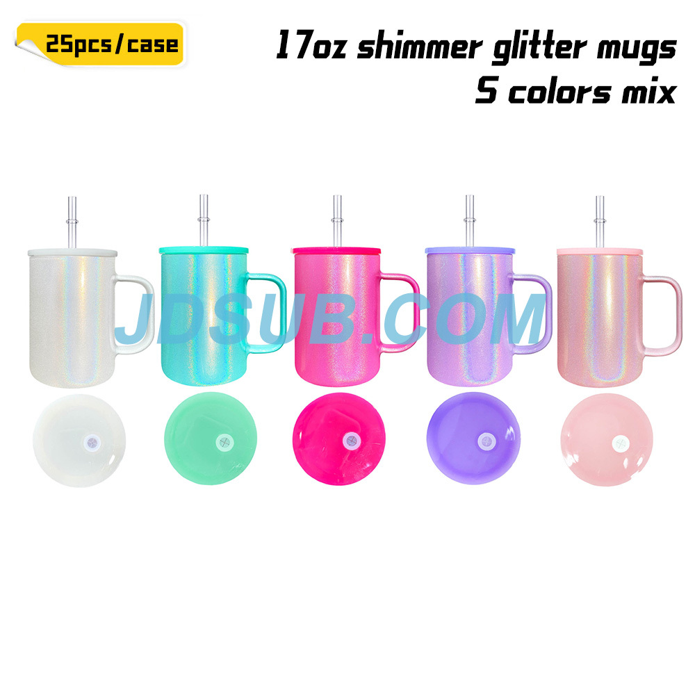 KOCDAM 25Pack 17oz Shimmer Glitter Sublimation Glass Mugs With Plastic Lids And Plastic Straw