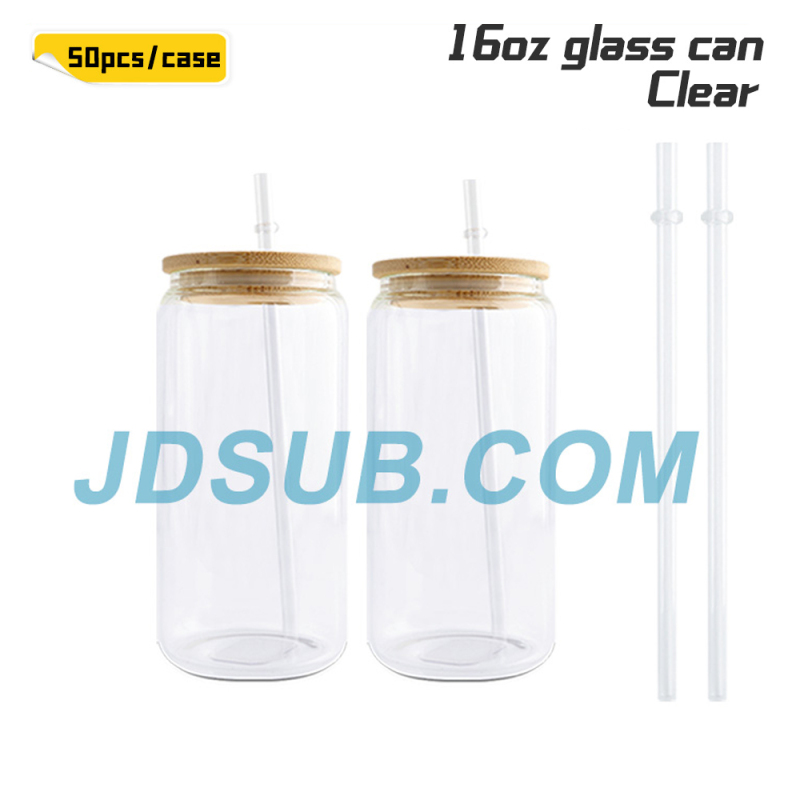 KOCDAM Marketing 50Pack 16oz Sublimation Frosted Clear Glass Can Jar with Bamboo Lids and Plastic Straw