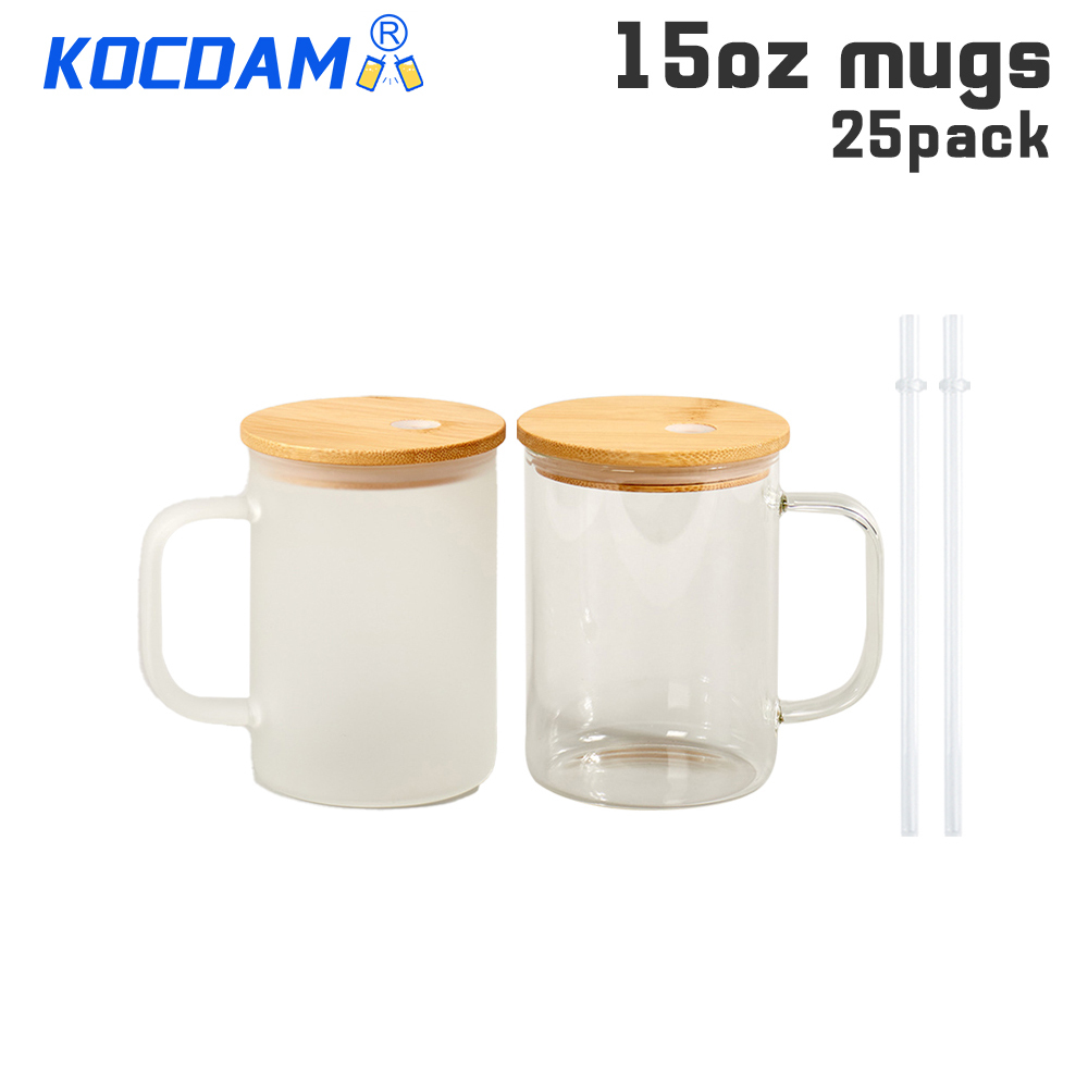 KOCDAM 25 Pack 15oz Sublimation Frosted Mugs with Bamboo Lids and Plastic Straw