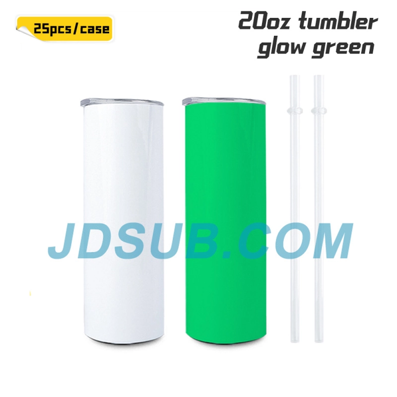 KOCDAM 25 pack 20oz Green Glow In the Dark Sublimation Straight Tumbler Blanks with Plastic Straws