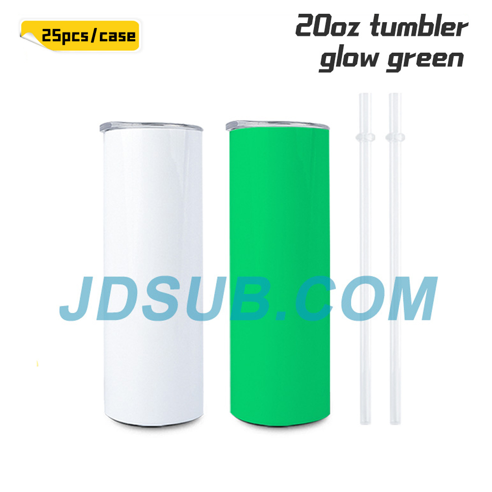 KOCDAM 25 pack 20oz Green Glow In the Dark Sublimation Straight Tumbler Blanks with Plastic Straws