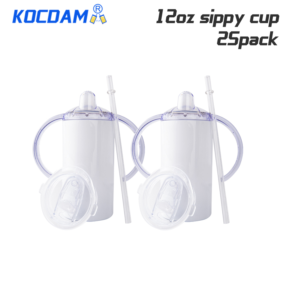 KOCDAM 25 Pack 12oz Stainless Steel Straight Sublimation Blanks Sippy Cup Tumbler With Duo Lid