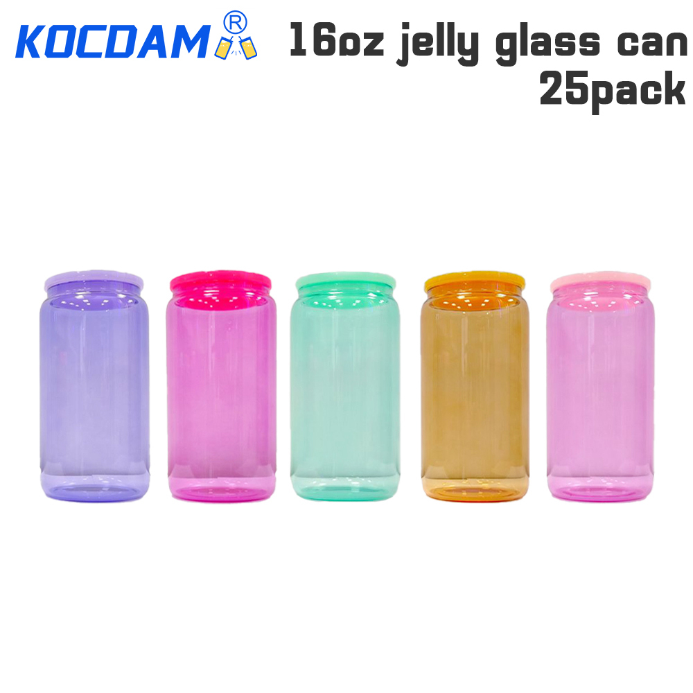 KOCDAM 25/50 Pack 16oz Sublimation Jelly Glass Jar With Plastic Lids And Plastic Straw