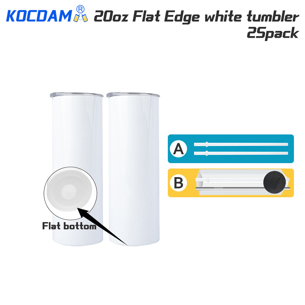 KOCDAM 25 Pack New Style 20oz Flat Edge White Sublimation Tumbler with Straw