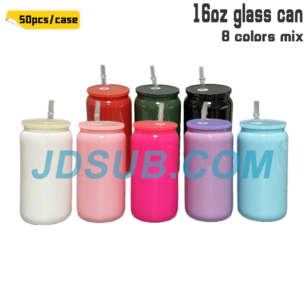 KOCDAM 50 Pack 16oz Sublimation 8 Colored Glass Can Blanks With Plastic Lids And Plastic Straw