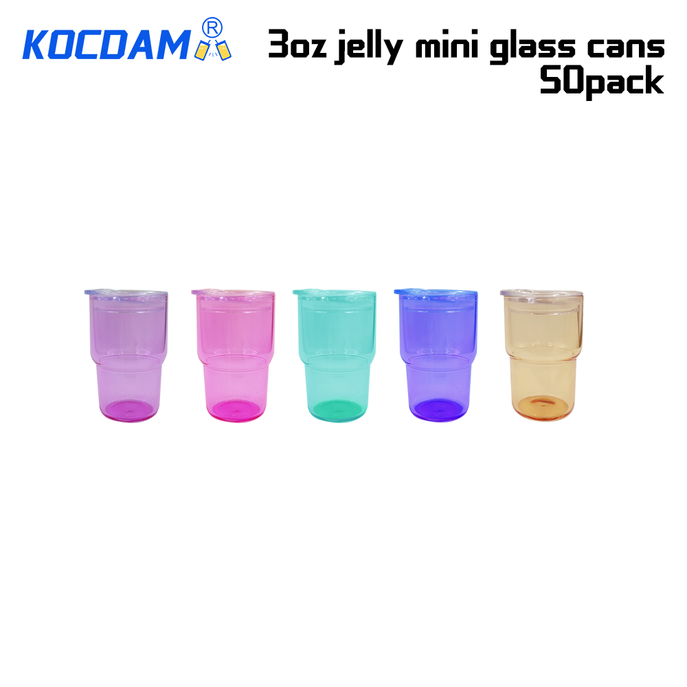 KOCDAM 50Pack 3oz Sublimation Jelly Glass Can With Plastic Lids And Plastic Straw