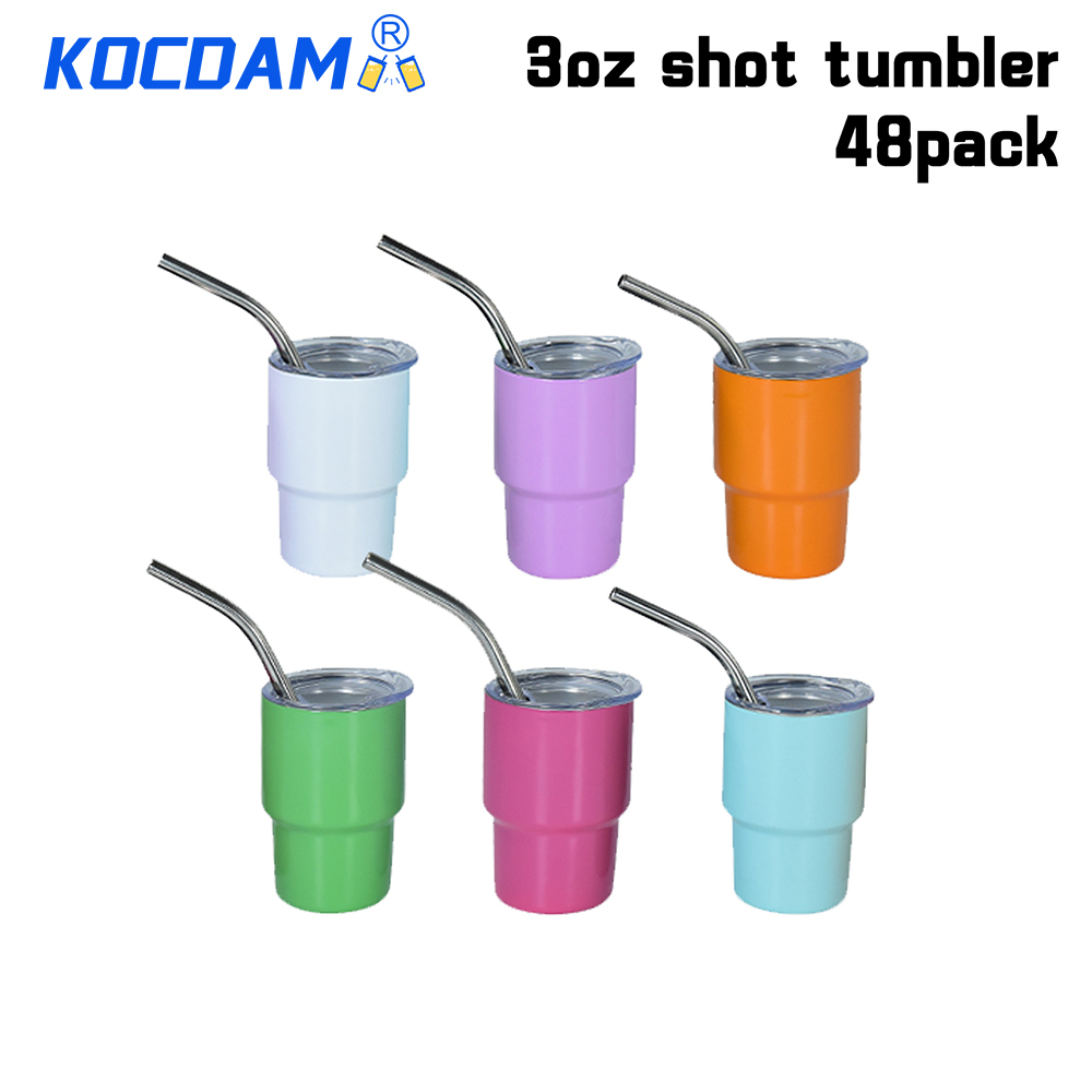 KOCDAM 48 Pack 3oz Sublimation Stainless Steel Shot Glass Tumbler With Bend Metal Straw