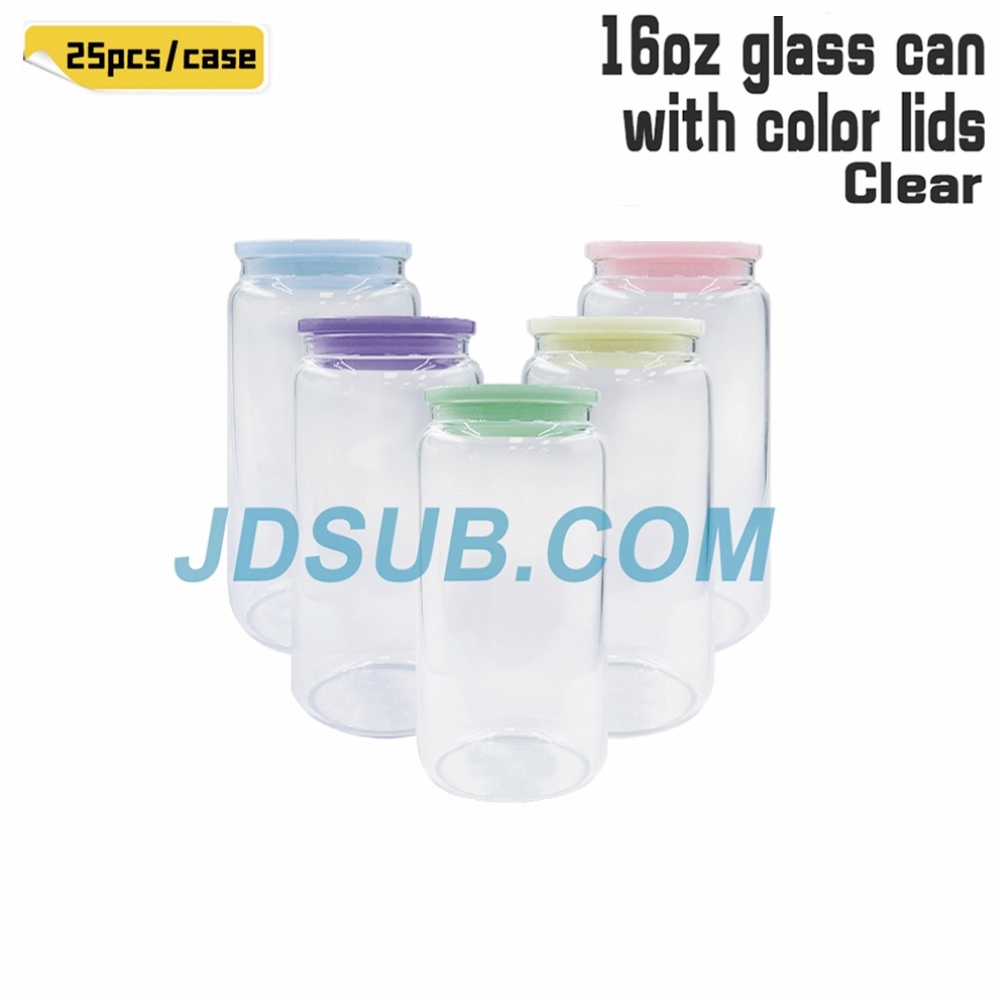 KOCDAM 25/50 Pack 16oz Sublimation Frosted Clear Glass Can Jar with Plastic Mixed 5 colors lids and Bamboo Lids and Plastic Straw