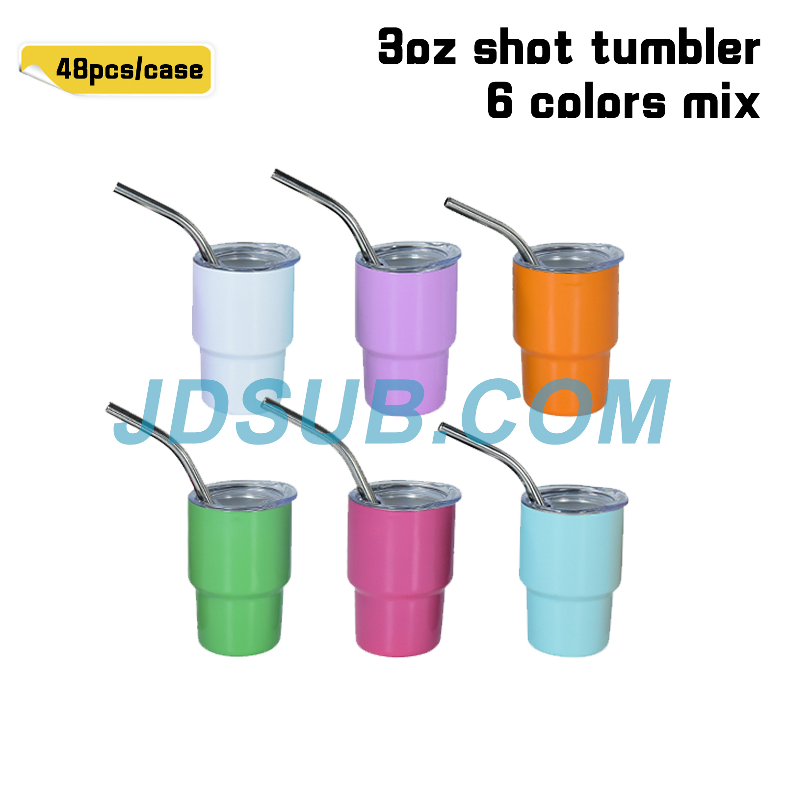KOCDAM 48 Pack 3oz Sublimation Stainless Steel Shot Glass Tumbler With Bend Metal Straw