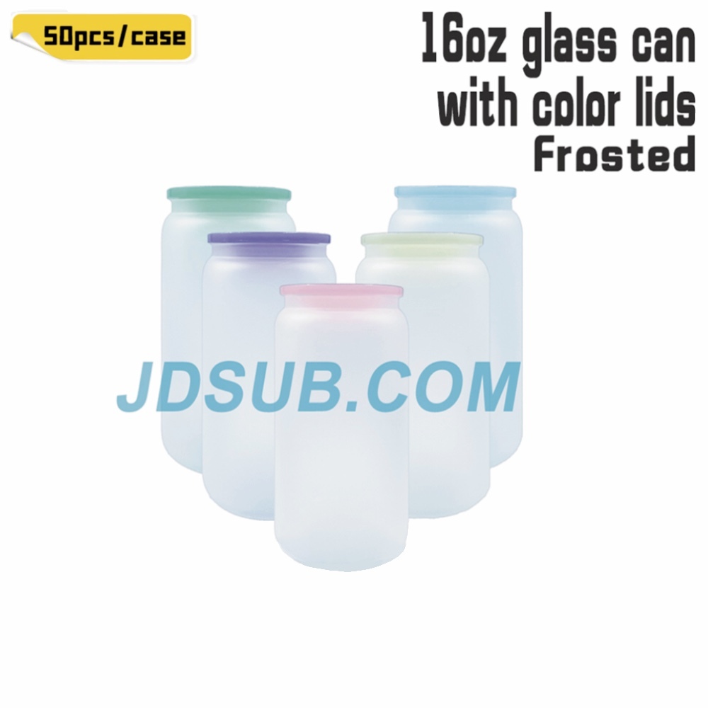 KOCDAM 25/50 Pack 16oz Sublimation Frosted Clear Glass Can Jar with Plastic Mixed 5 colors lids and Bamboo Lids and Plastic Straw