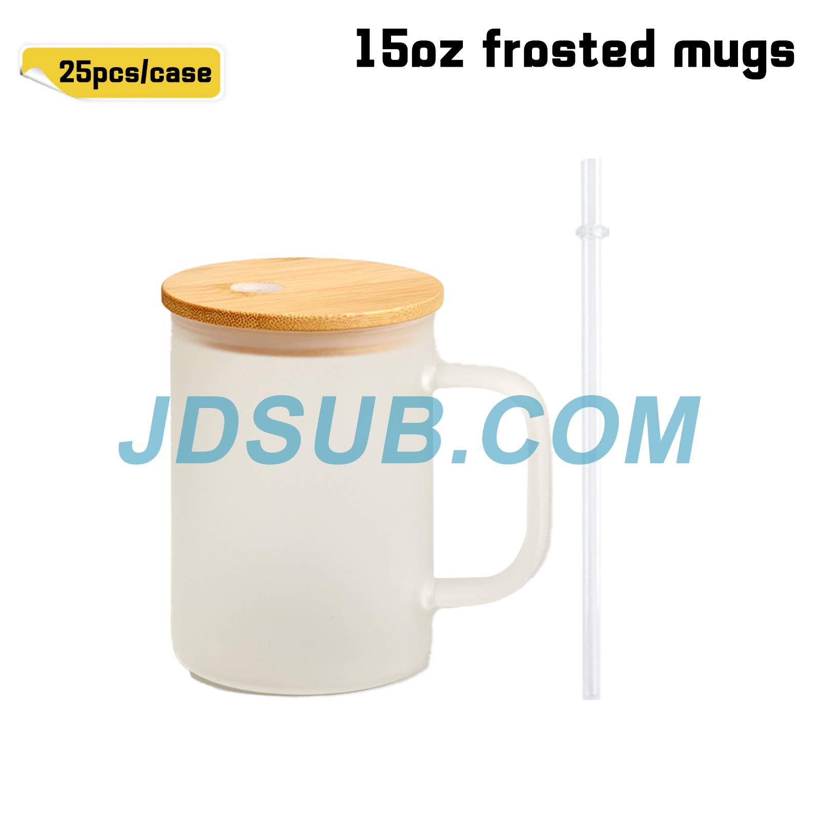 KOCDAM 25 Pack 15oz Sublimation Frosted Mugs with Bamboo Lids and Plastic Straw