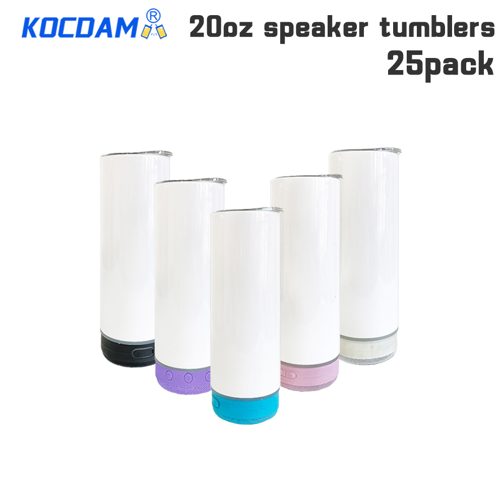KOCDAM 25 Pack 20oz Sublimation Speaker Tumbler Bluetooth player Sublimation Blanks Mixed 5 Colors with Plastic Straws