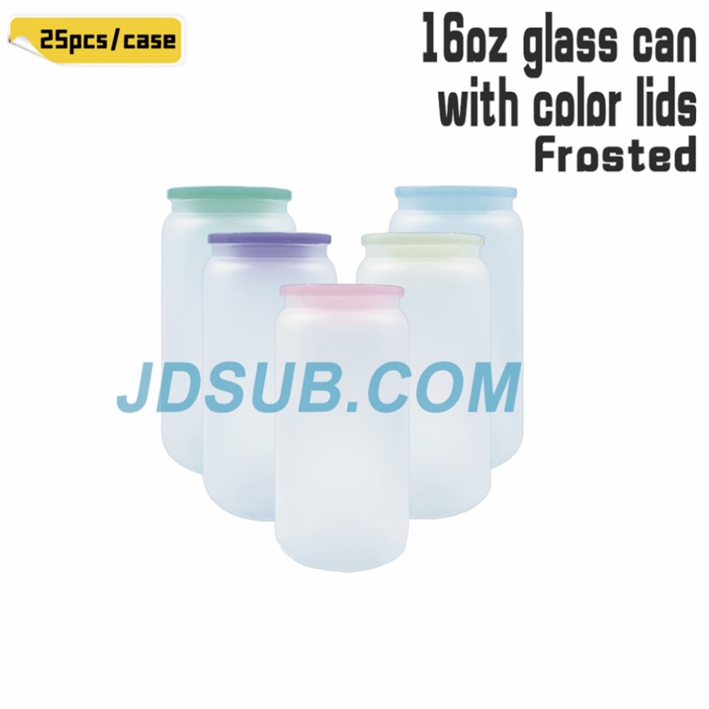 KOCDAM 25/50 Pack 16oz Sublimation Frosted Clear Glass Can Jar with Plastic Mixed 5 colors lids and Bamboo Lids and Plastic Straw