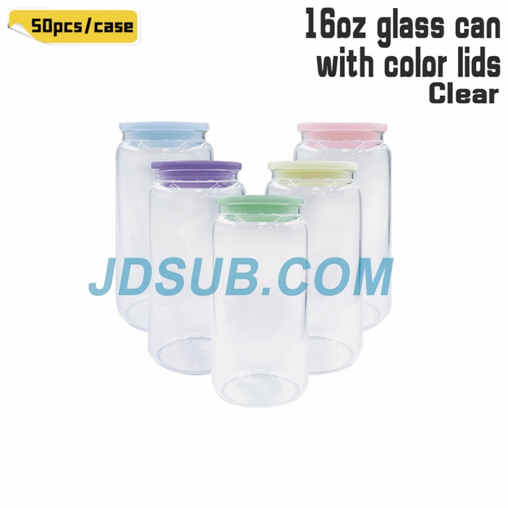 KOCDAM 25/50 Pack 16oz Sublimation Frosted Clear Glass Can Jar with Plastic Mixed 5 colors lids and Bamboo Lids and Plastic Straw