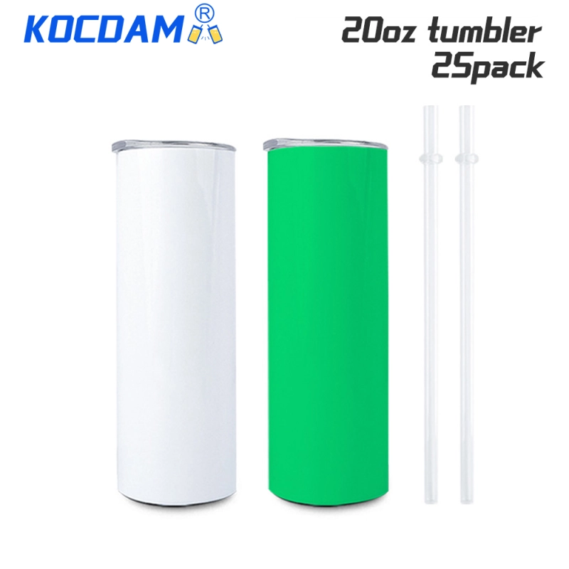 KOCDAM 25 pack 20oz Green Glow In the Dark Sublimation Straight Tumbler Blanks with Plastic Straws
