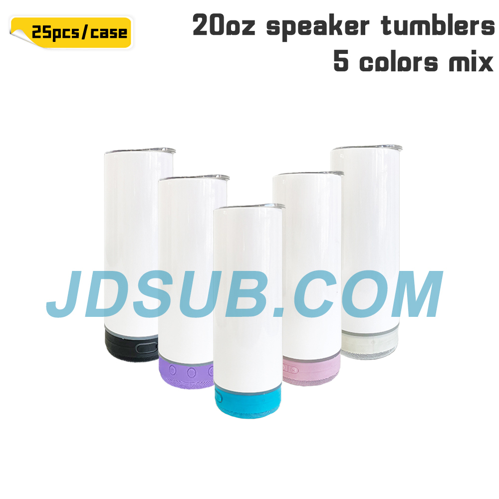 KOCDAM 25 Pack 20oz Sublimation Speaker Tumbler Bluetooth player Sublimation Blanks Mixed 5 Colors with Plastic Straws