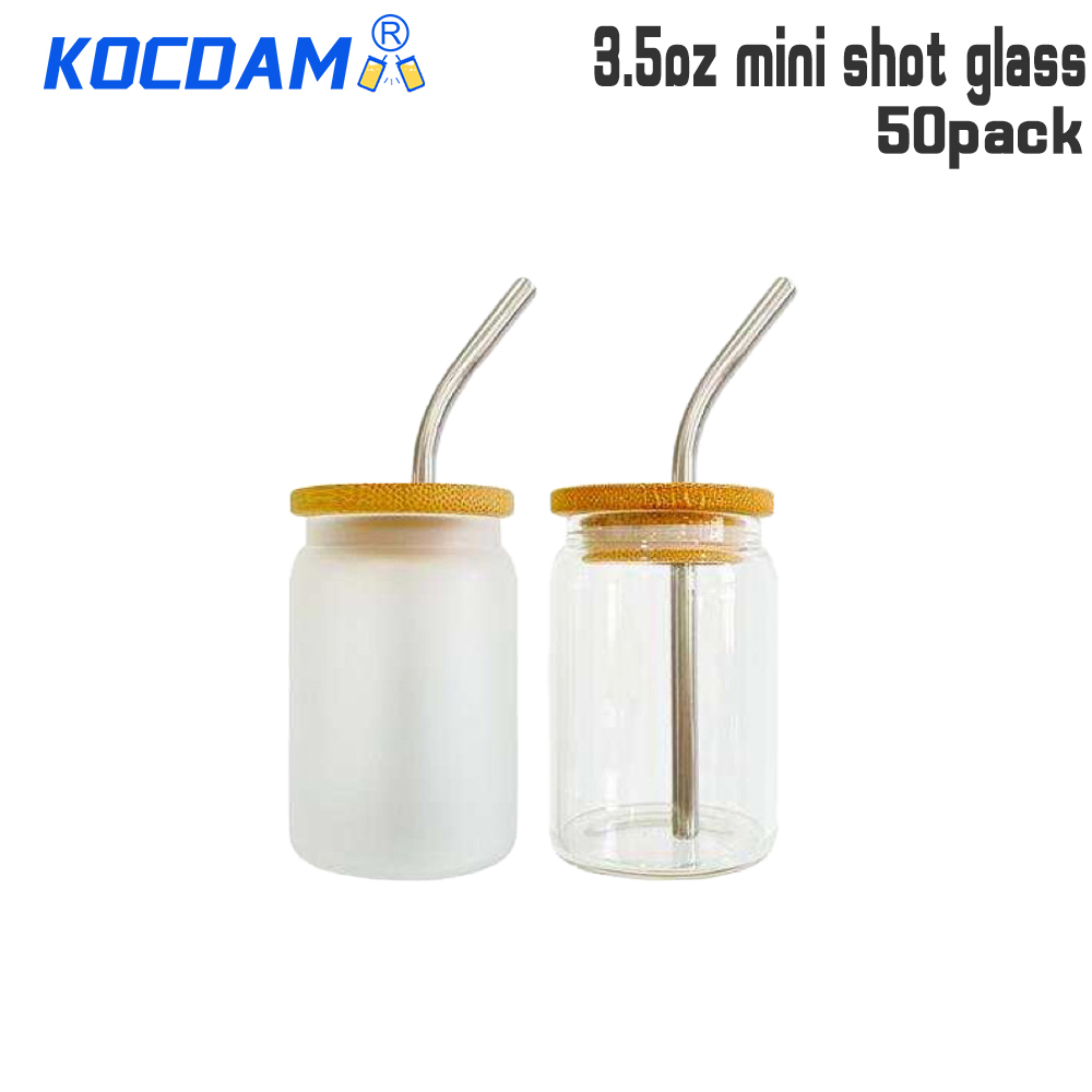 KOCDAM 50pack 3.5oz Mini Clear Frosted Glass Cans With Bend Metal Straws