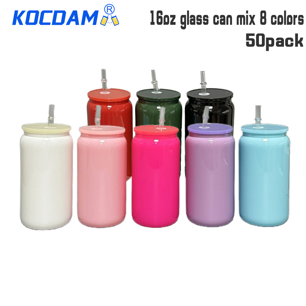 KOCDAM 50 Pack 16oz Sublimation 8 Colored Glass Can Blanks With Plastic Lids And Plastic Straw