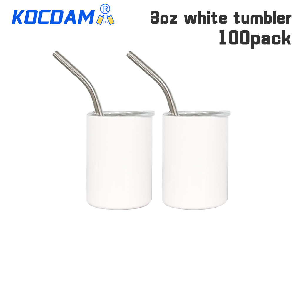 KOCDAM 100 Pack 3oz Sublimation Stainless Steel Wihte Tumbler With Bend Metal Straw
