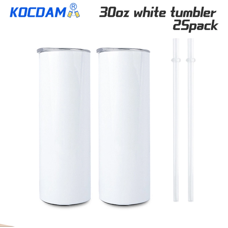 KOCDAM 25Pack 30oz White Sublimation Straight Skinny Tumbler Blanks with Plastic Straws