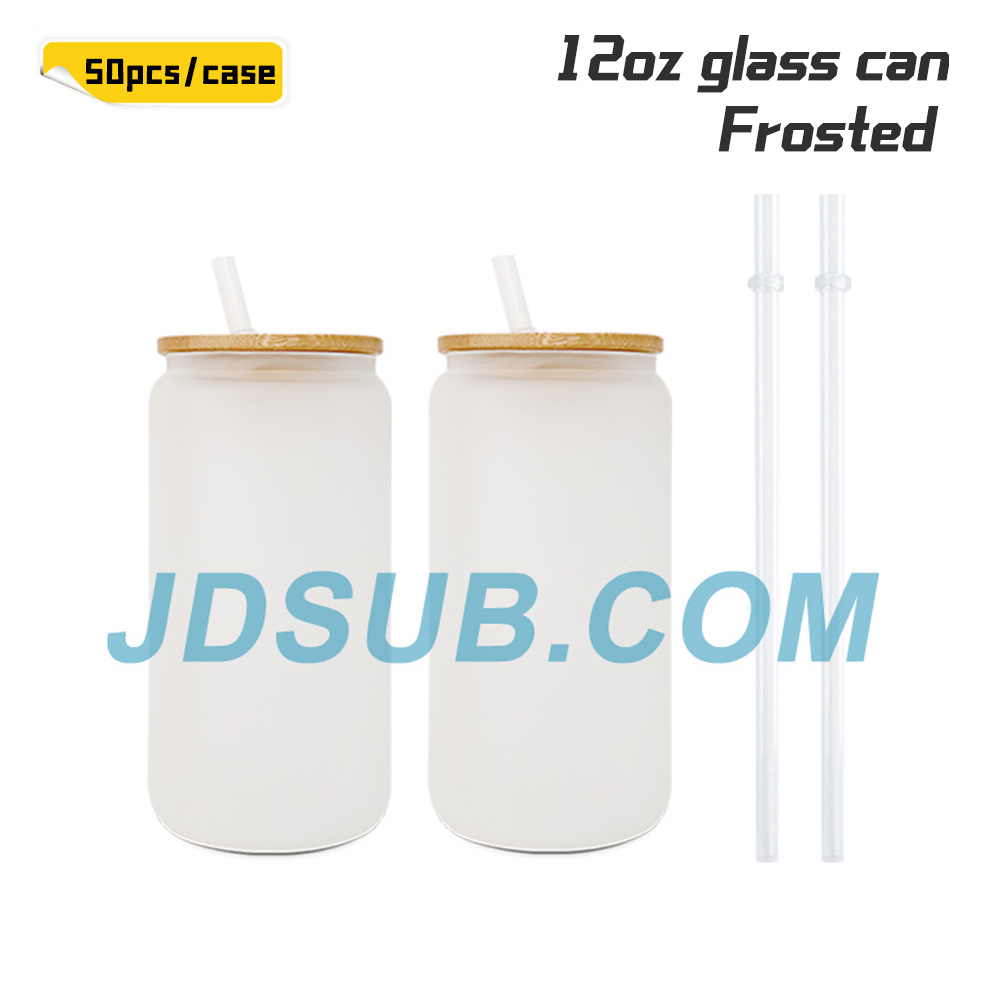 KOCDAM 25/50 Pack 12oz Sublimation Frosted Clear Glass Jar with Bamboo Lids and Plastic Straw