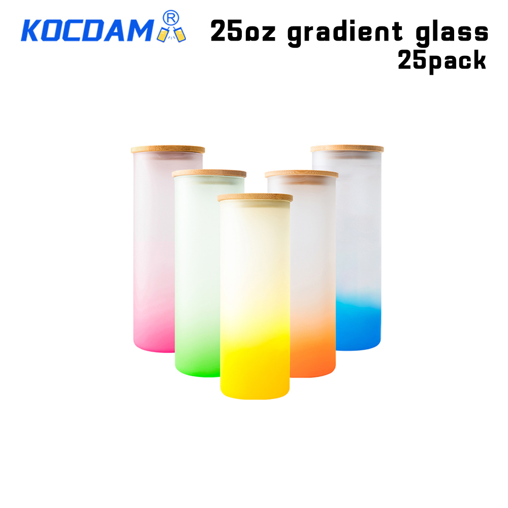 KOCDAM 25Pack 25oz Sublimation Gradient Frosted Glass Tumbler Blanks with Bamboo Lids and Plastic Straw