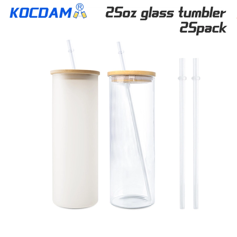 KOCDAM 25 Pack 25oz Sublimation Frosted Clear Glass Tumbler Blanks with Bamboo Lids and Plastic Straw