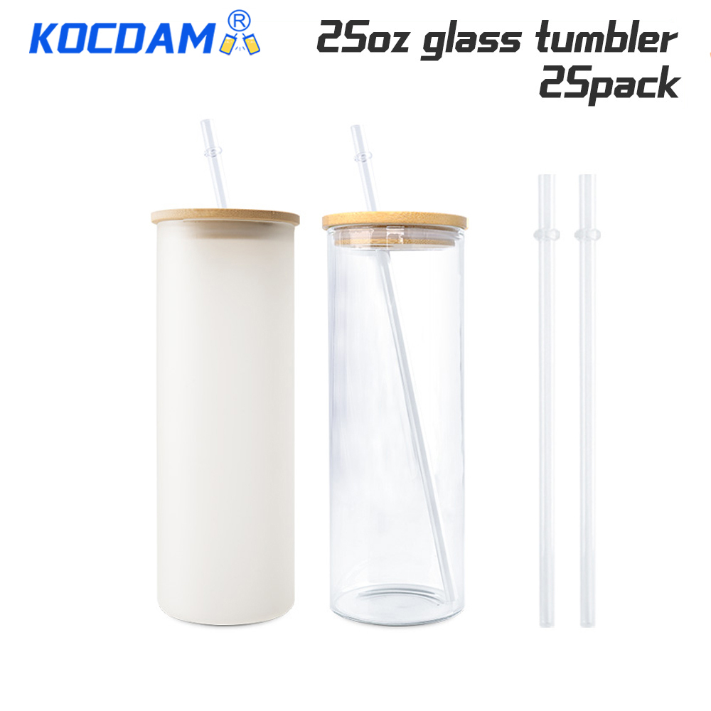 KOCDAM 25 Pack 25oz Sublimation Frosted Clear Glass Tumbler Blanks with Bamboo Lids and Plastic Straw