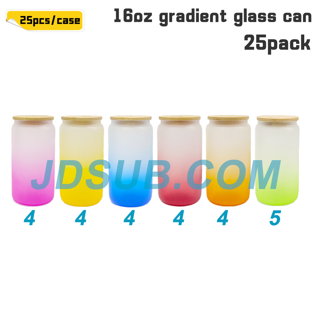 KOCDAM 25 Pack 16oz Sublimation Gradient Frosted Glass Can Blanks With Bamboo Lids And Plastic Straw
