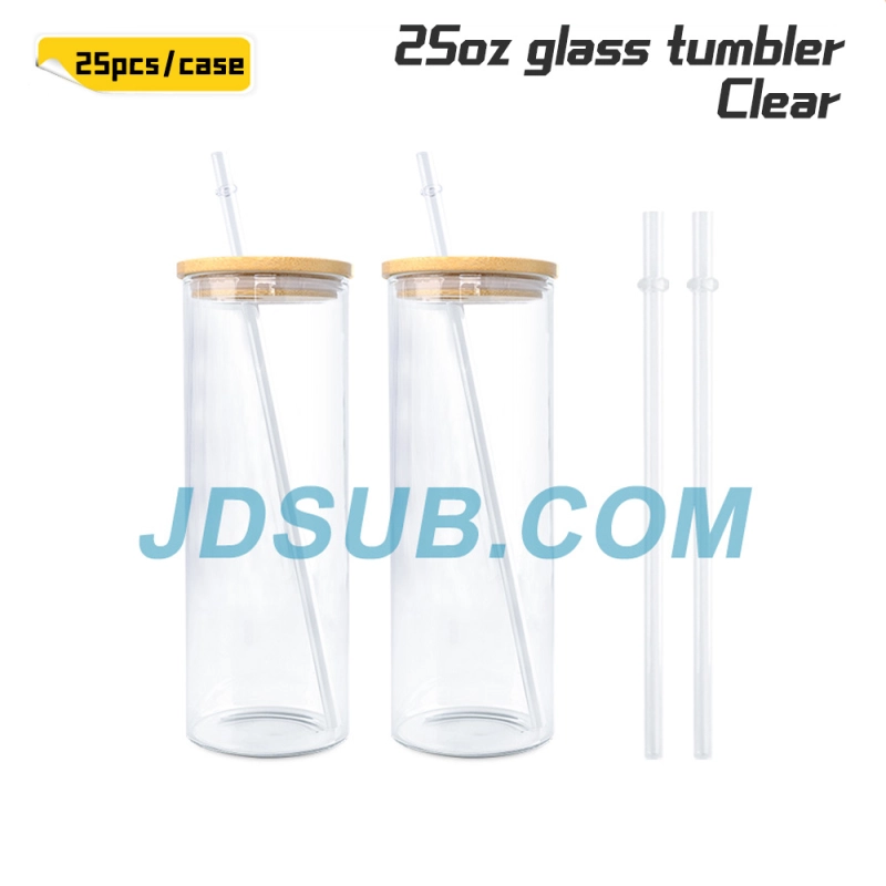KOCDAM 25 Pack 25oz Sublimation Frosted Clear Glass Tumbler Blanks with Bamboo Lids and Plastic Straw