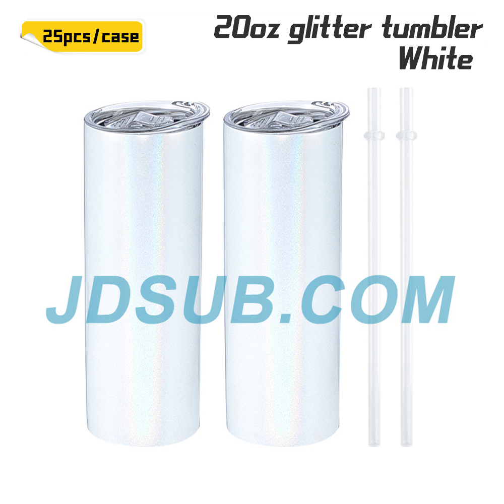 KOCDAM 25 Pack 20oz Sublimation Glitter Colourful Shimmer Straight Tumbler Blanks with Plastic Straws