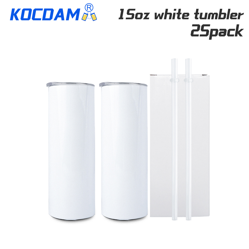 KOCDAM 25 Pack 15oz Sublimation White Skinny Straight Tumbler Blanks with Plastic Straws