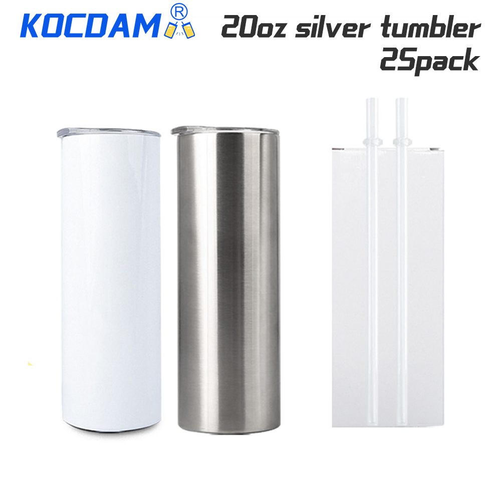 KOCDAM 25Pack 20oz Sublimation Stainless Steel Straight Tumbler Blanks Double Wall Insulated