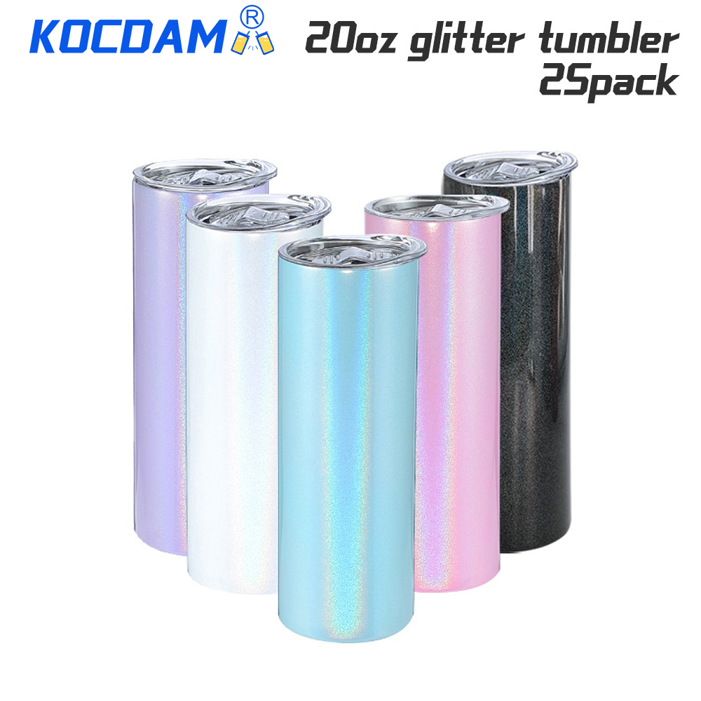 KOCDAM 25 Pack 20oz Sublimation Glitter Colourful Shimmer Straight Tumbler Blanks with Plastic Straws