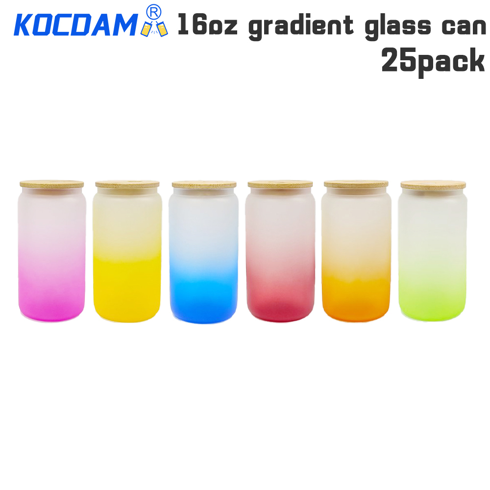 KOCDAM 25 Pack 16oz Sublimation Gradient Frosted Glass Can Blanks With Bamboo Lids And Plastic Straw
