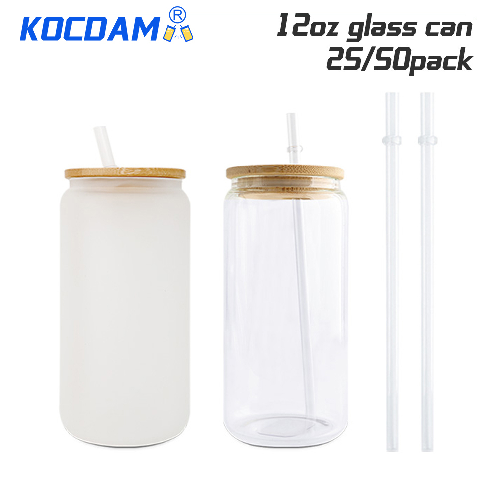KOCDAM 25/50 Pack 12oz Sublimation Frosted Clear Glass Jar with Bamboo Lids and Plastic Straw