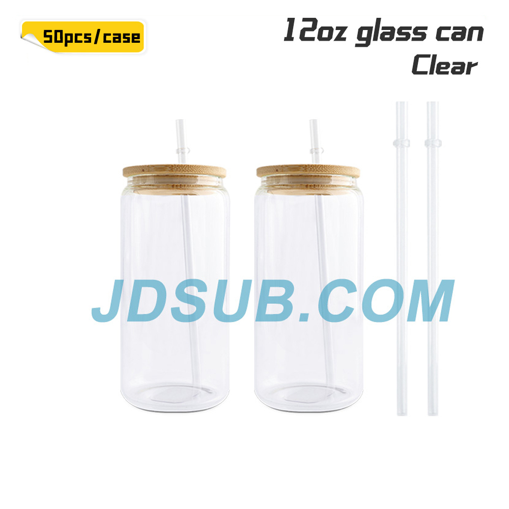 KOCDAM 25/50 Pack 12oz Sublimation Frosted Clear Glass Jar with Bamboo Lids and Plastic Straw