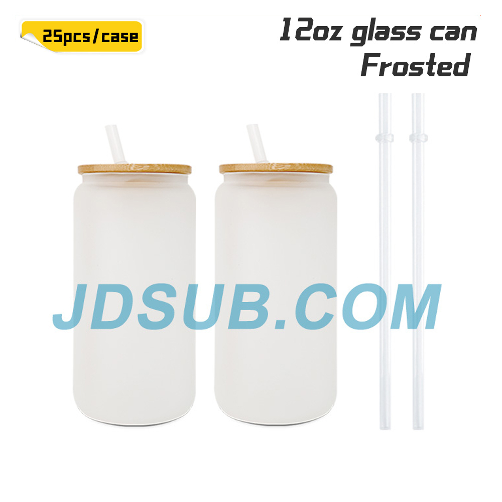 KOCDAM 25/50 Pack 12oz Sublimation Frosted Clear Glass Jar with Bamboo Lids and Plastic Straw
