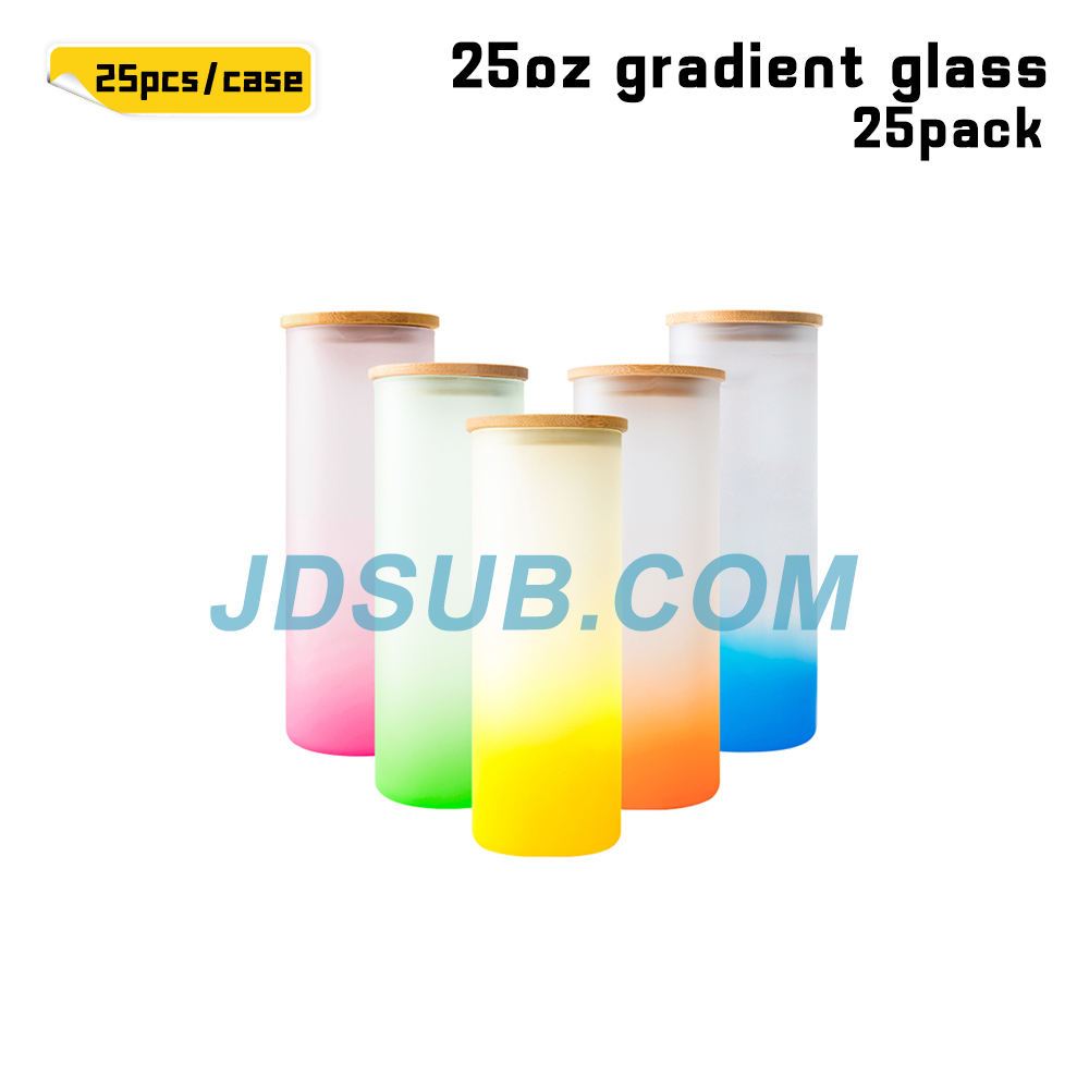 KOCDAM 25Pack 25oz Sublimation Gradient Frosted Glass Tumbler Blanks with Bamboo Lids and Plastic Straw