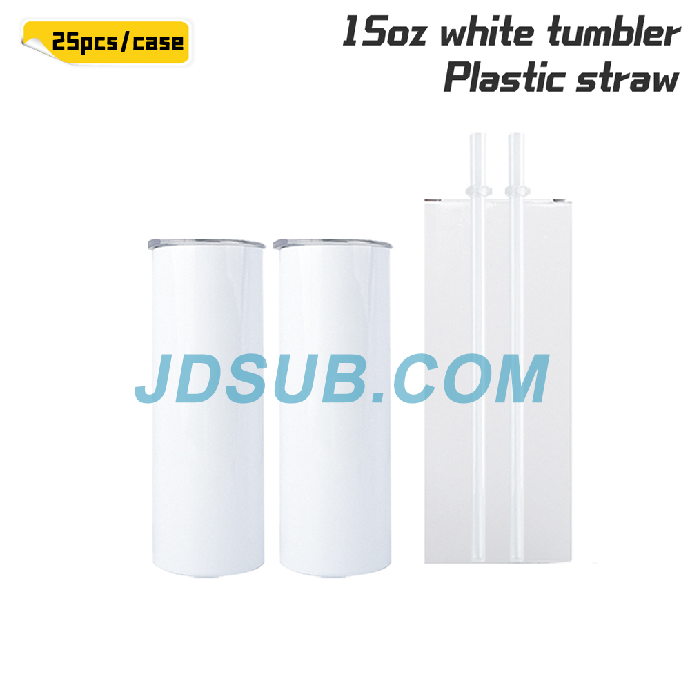 KOCDAM 25 Pack 15oz Sublimation White Skinny Straight Tumbler Blanks with Plastic Straws
